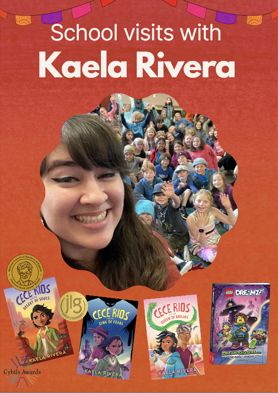 An bright image of author Kaela Rivera, with her four novel's covers below, papel banners above her, and titled 